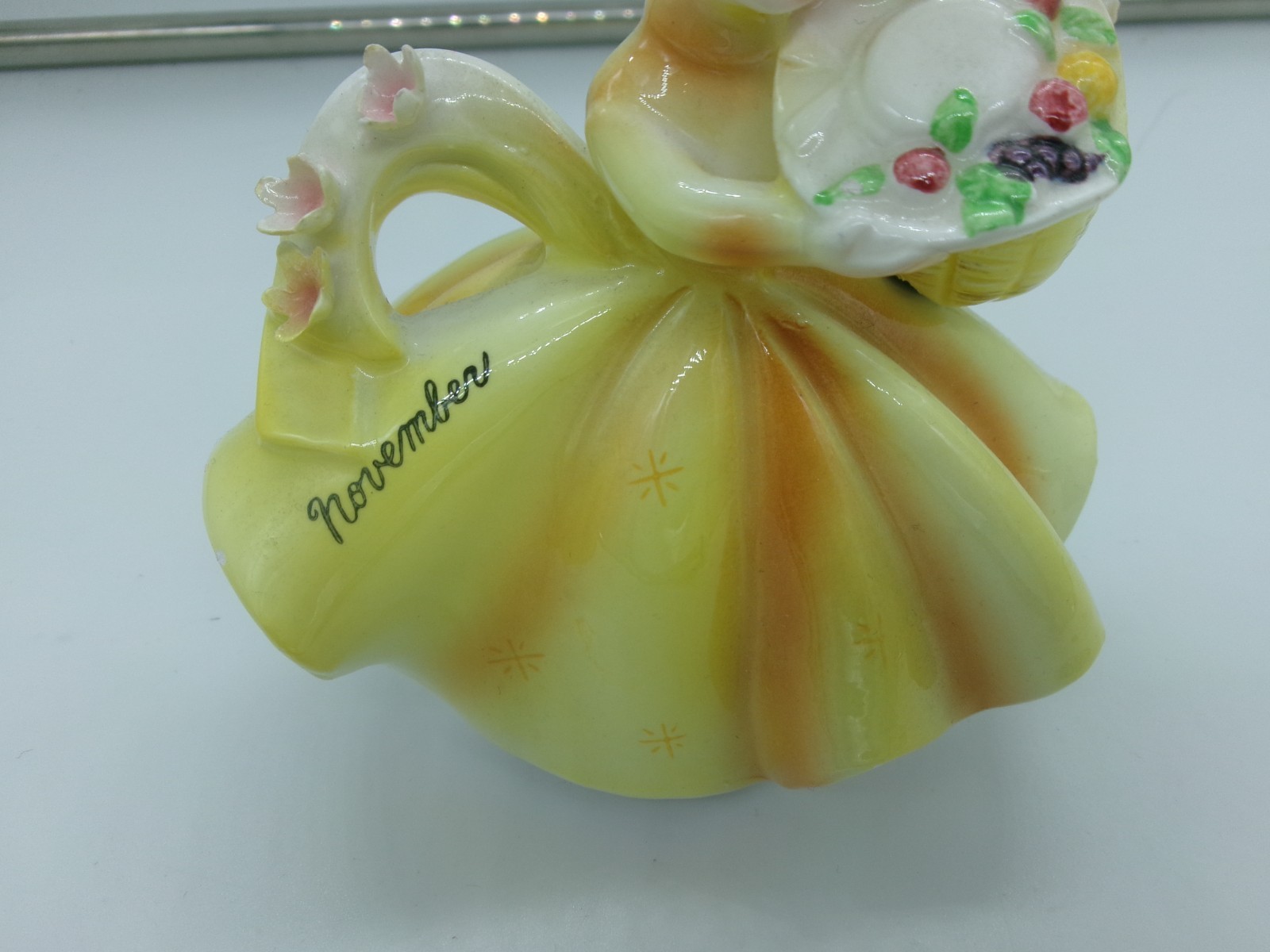 Vtg Lefton Japan November Birthday Girl Figurine Applied Flowers-BEAUTIFUL
