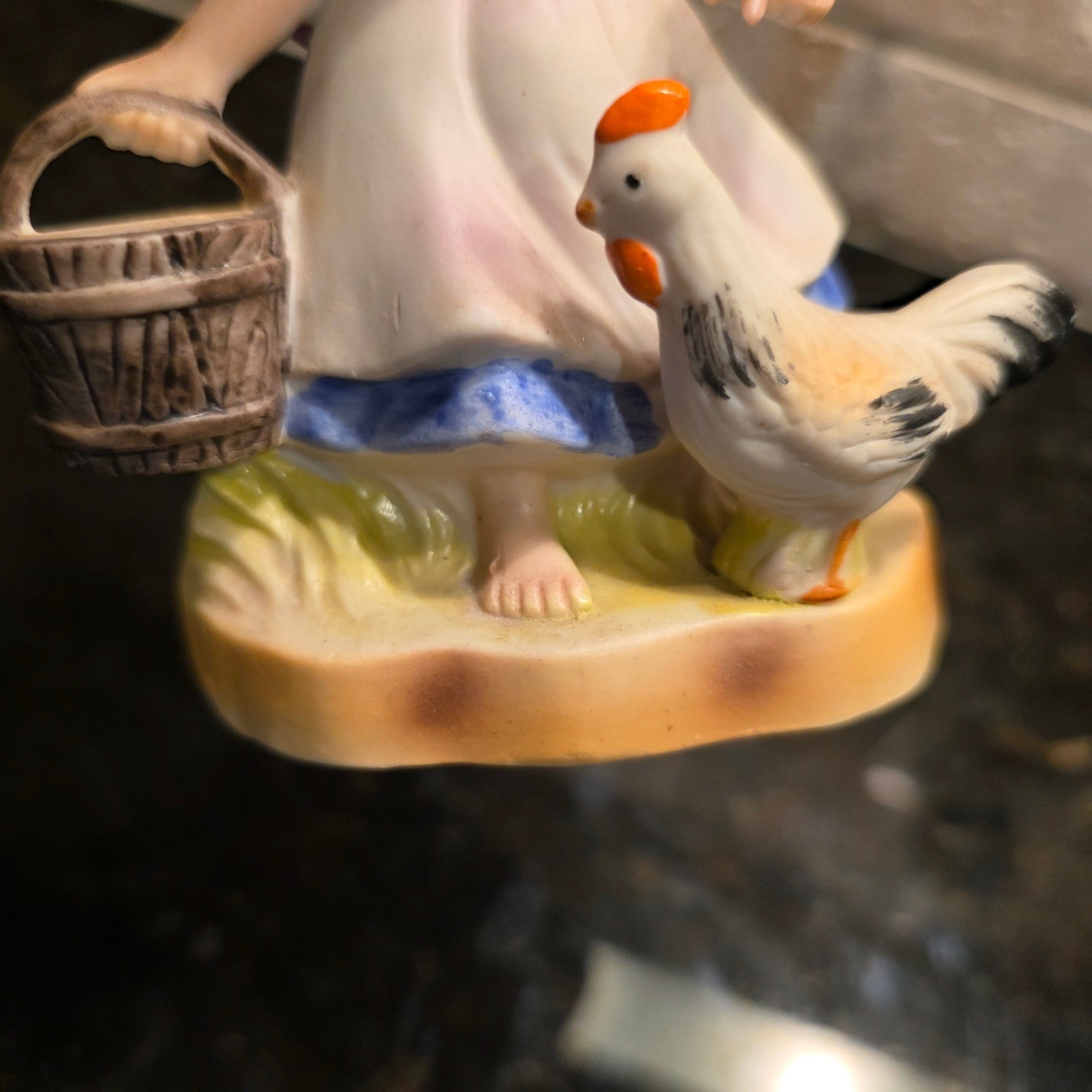 Vintage Porcelain Blond Girl Figurine Rooster Bucket Farmhouse Decor 5 Inch
