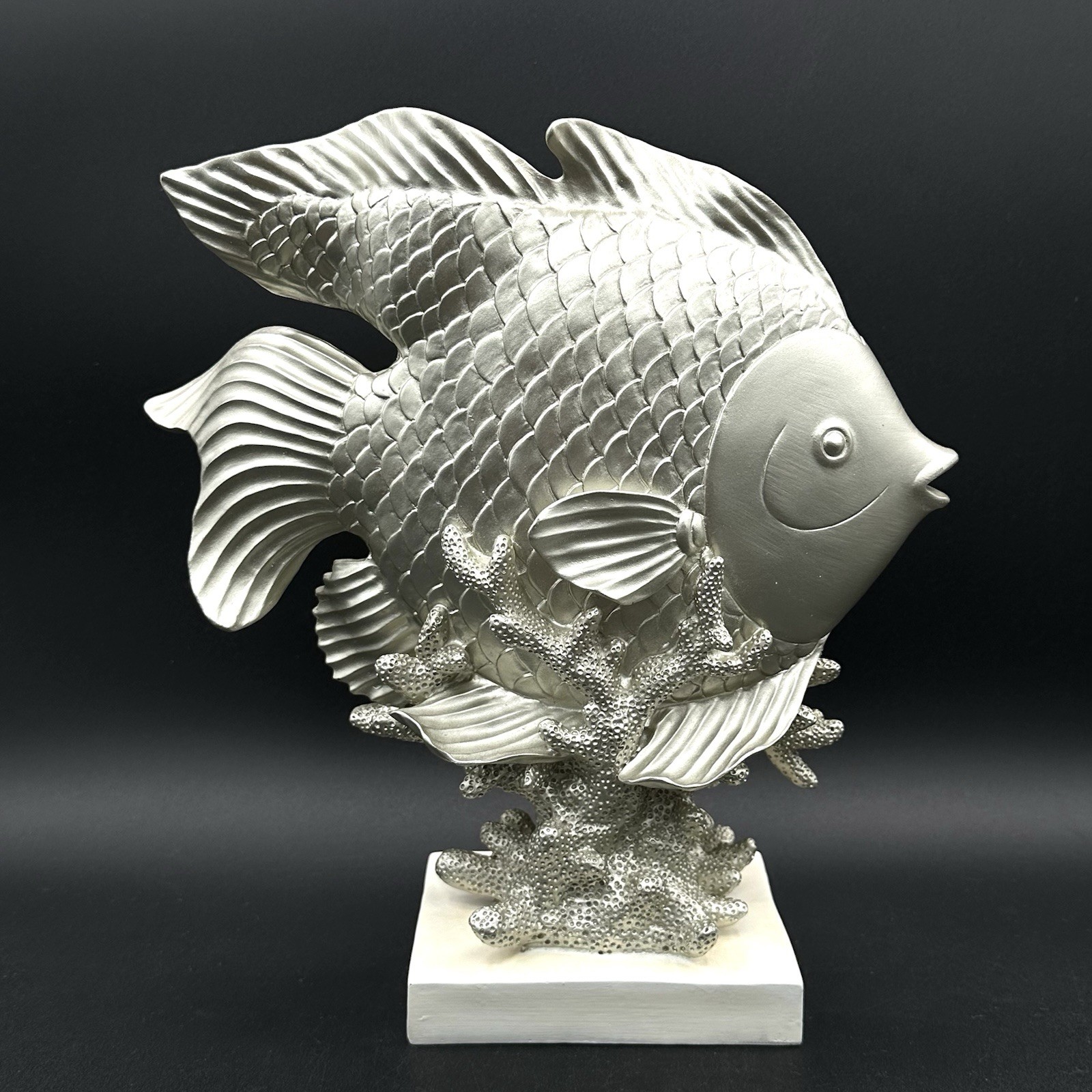Vintage Silver Metal Fish Statue on White Wood Base Coastal Nautical Decor