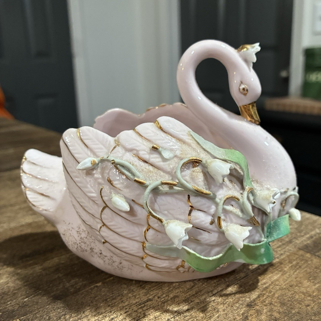 Vintage Lefton China Pink Swan Lillie of the Valley Trinket Dish Ceramic 4 in