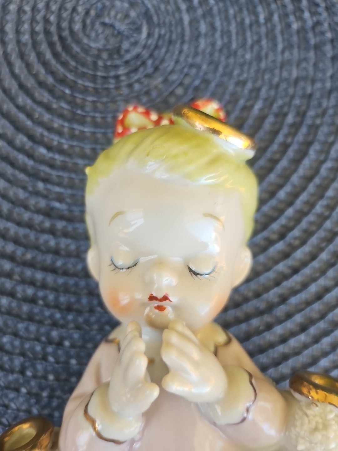 Sweet Girl & Her Puppy & Kitty Wearing Halos Praying Mid Century