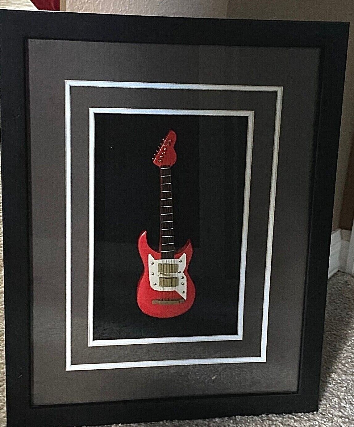 Collectible Miniature Red Electric Guitar Shadow Box Framed & Matted 15”x12”