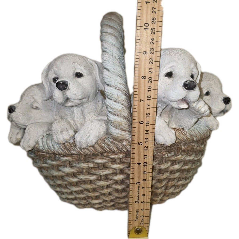 Puppies in Wicker Basket Figurine • Resin Puppy Decor • Life Size Farmhouse
