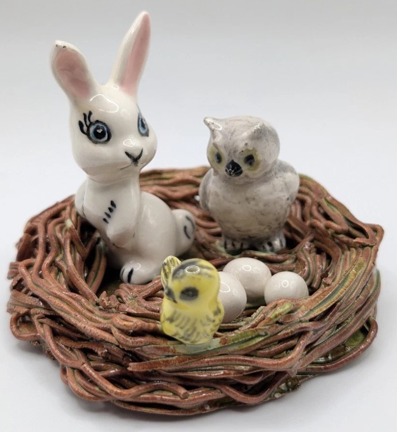 Vintage Ceramic Birds Figurine in Wooden Twig Nest Miniature Shelf Decor