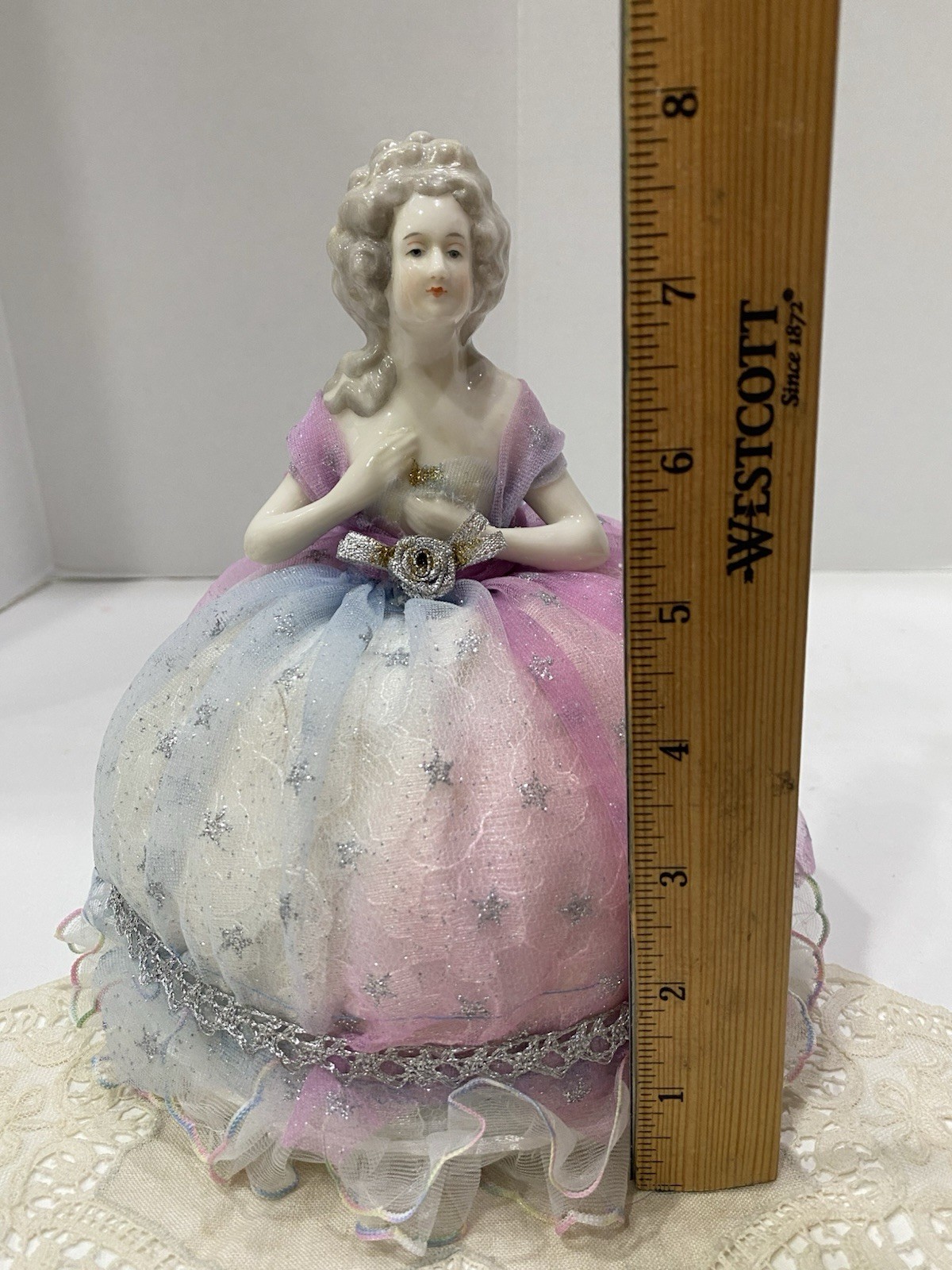 Vintage Germany Porcelain Vanity Half Doll Pin Cushion Star Dress Lavender Blue