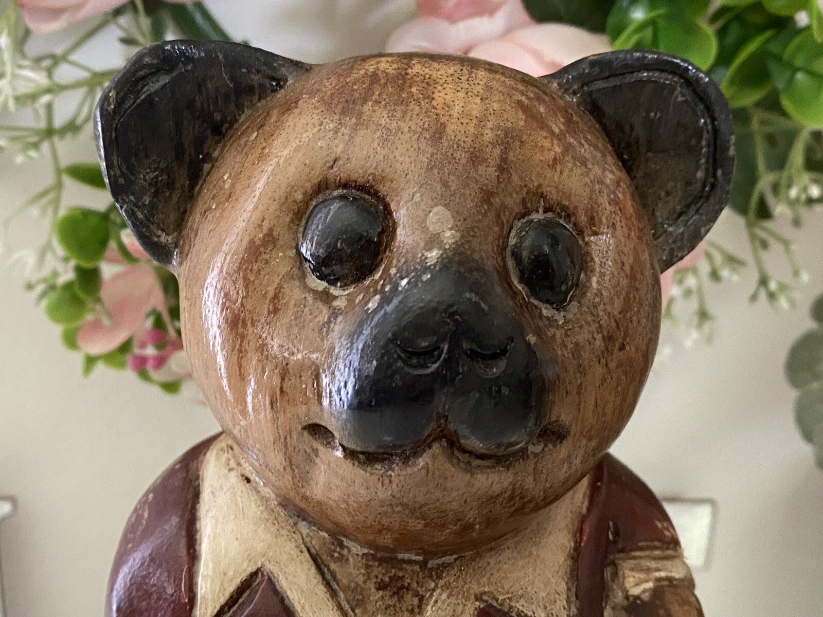 Wooden Bear Handmade Statue 10″ Soccer Teddy Bear Kids Room Vintage Figurine EUC