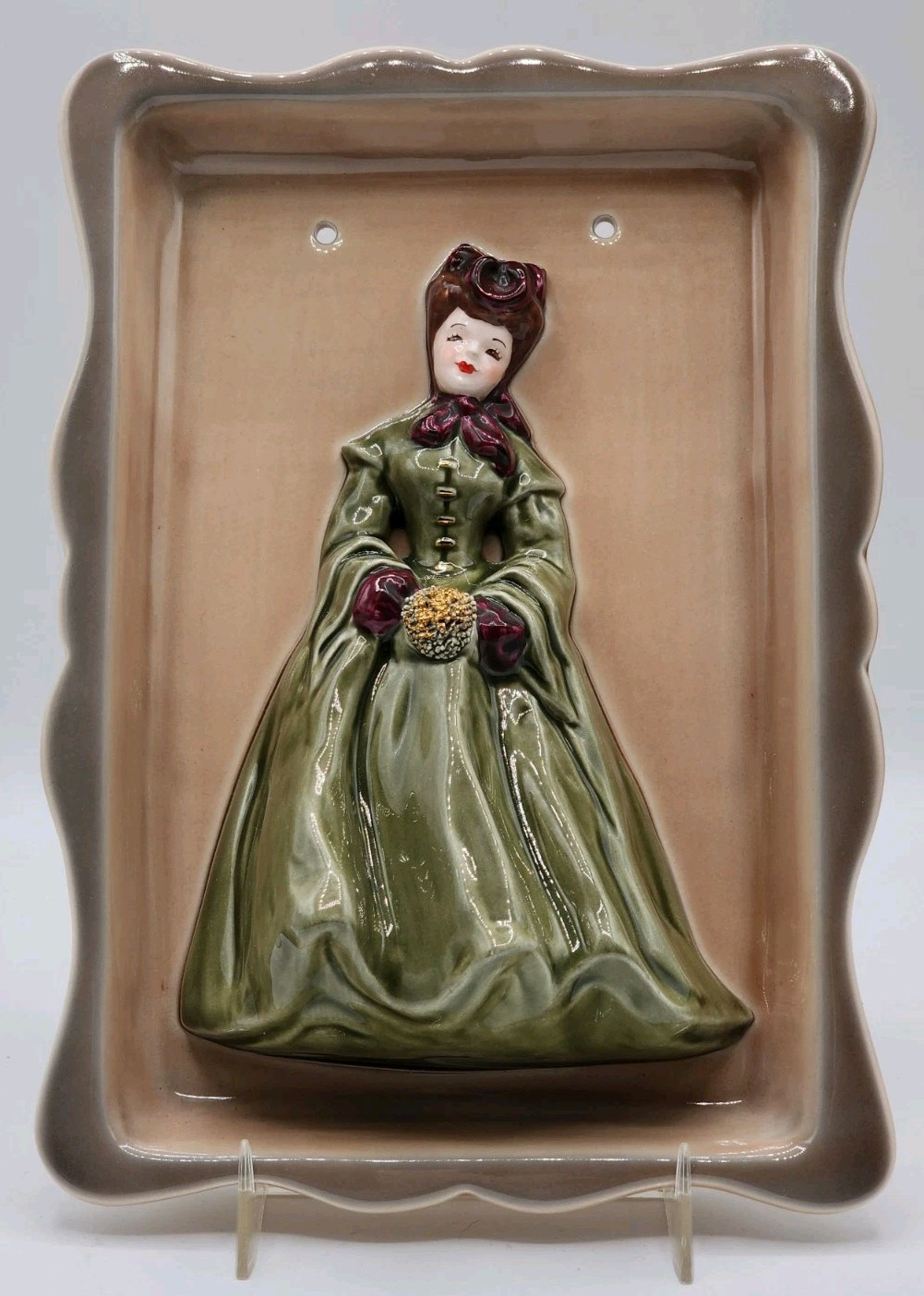 Vintage Florence Ceramics Figurine 3D Wall Plaque Lady w/Muff Green 9″×6.5″