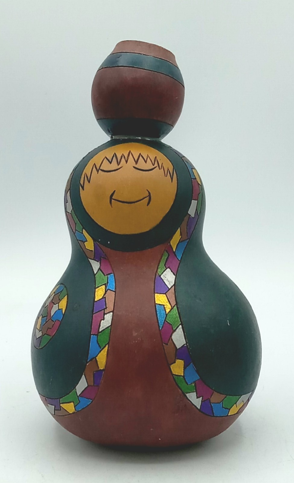 Gourd Woman Carrying Vessel Hand Painted Folk Art Signed TD Colorful Mosaic Trim