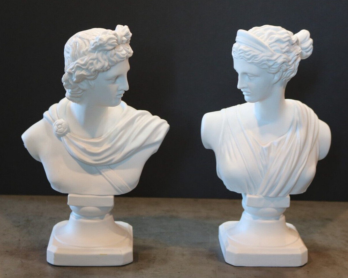 PAIR BISQUE PORCELAIN ARTEMIS APOLLO GREEK MINI BUSTS 9.5″
