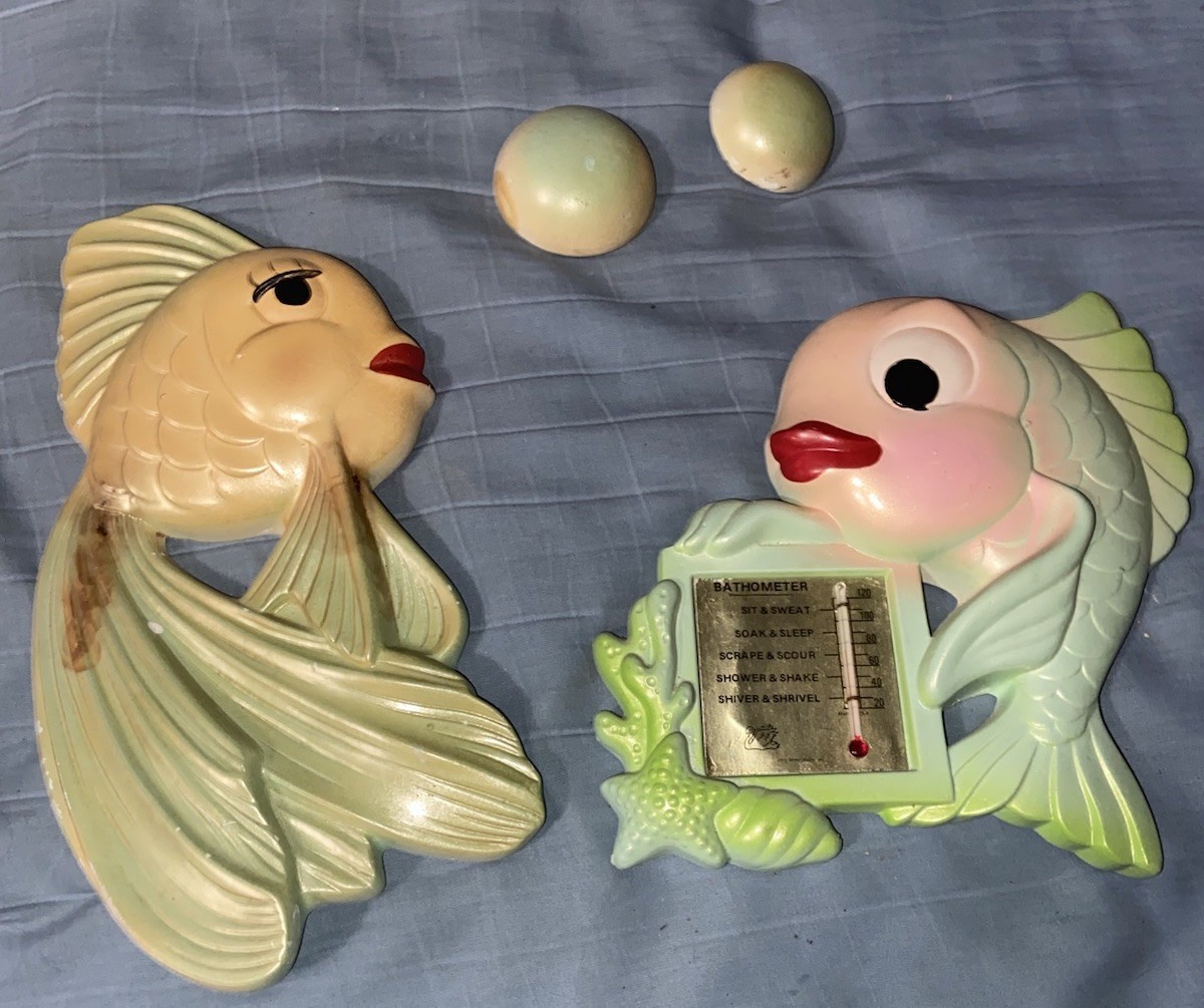 Vintage 1970s Miller Studios Chalkware Fish Bathometer Thermometer Grouping Set