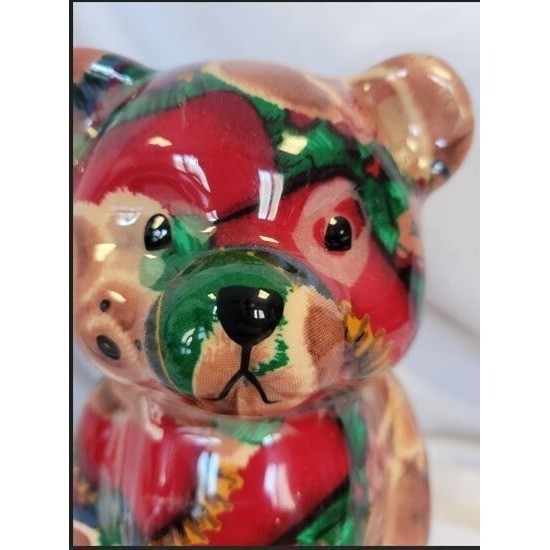 Joan Baker Vintage Teddy Bear Porcelain Rare Patchwork Fabric Figurine 8.5″