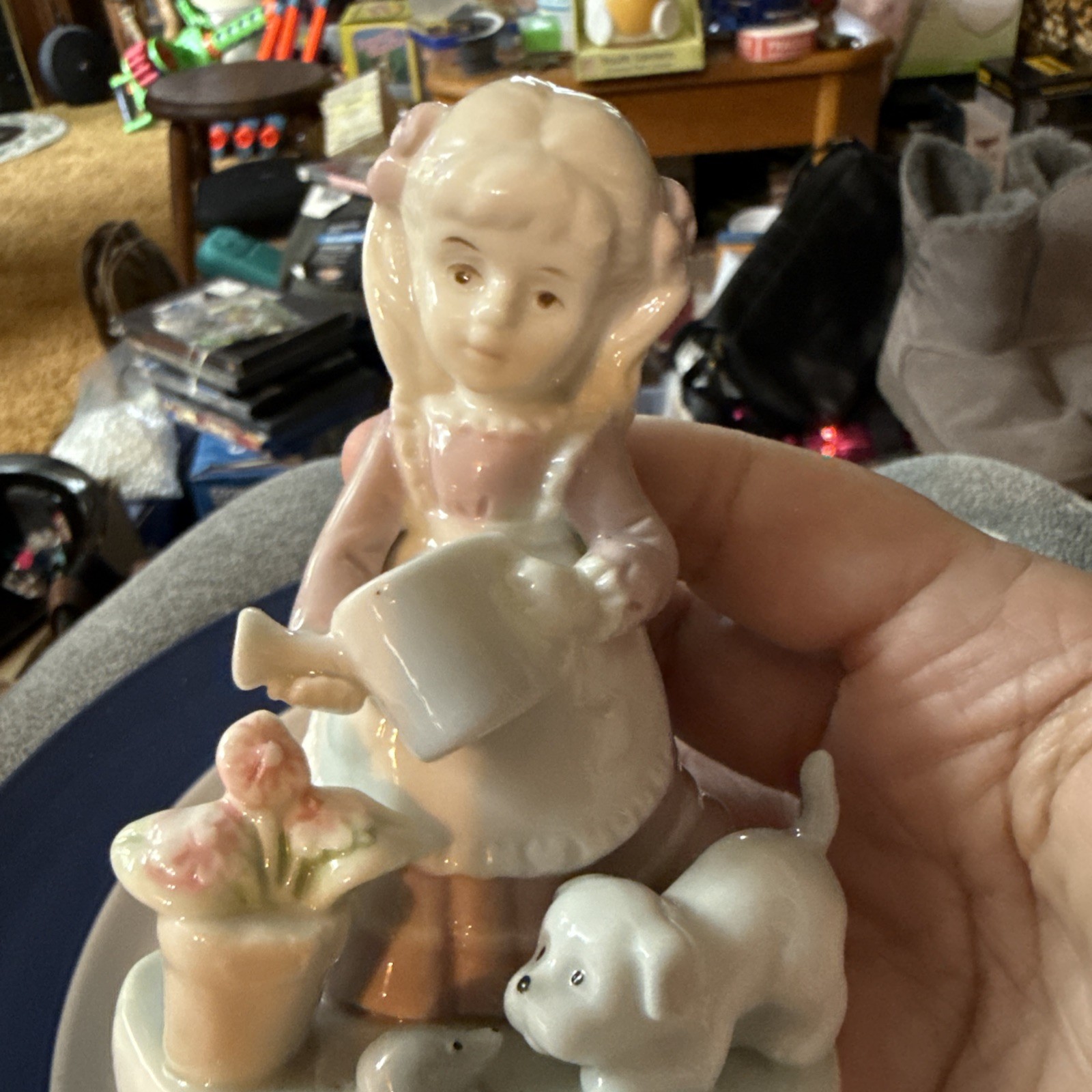 Vintage Bisque Porcelin Girl With Flowers Mouse Puppy