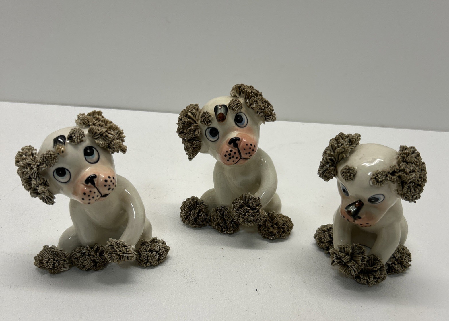 3 Vintage 1950’s Lefton Japan Ceramic Spaghetti Hair Dogs Puppy Anthropomorphic