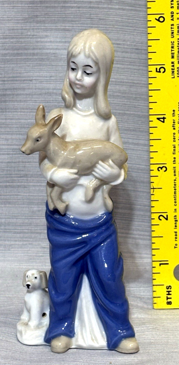 LIPPELSDORF GIRL with FAWN & PUPPY PORCELAIN FIGURE GDR CROWN 1877 BACK STAMP