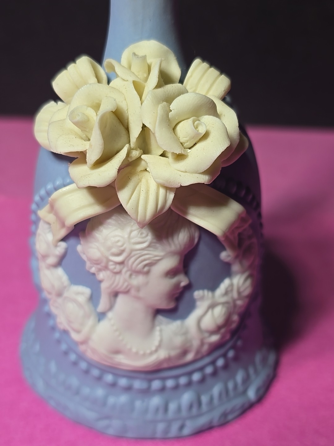 Light Blue Jasperware Bell Bisque Porcelain Ivory Cameo Lady & Roses 5.75” VTG