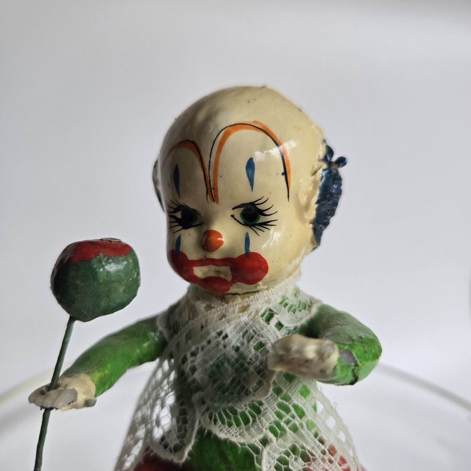 Vintage Paper Mache Clown With Balloon, With Lace Collar 5 1/2 in Vintage