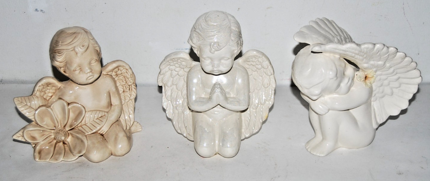 Lot of 3 Ceramic Angels Cherubs Praying w/ Flowers Bisque Figurines 6″ Tall