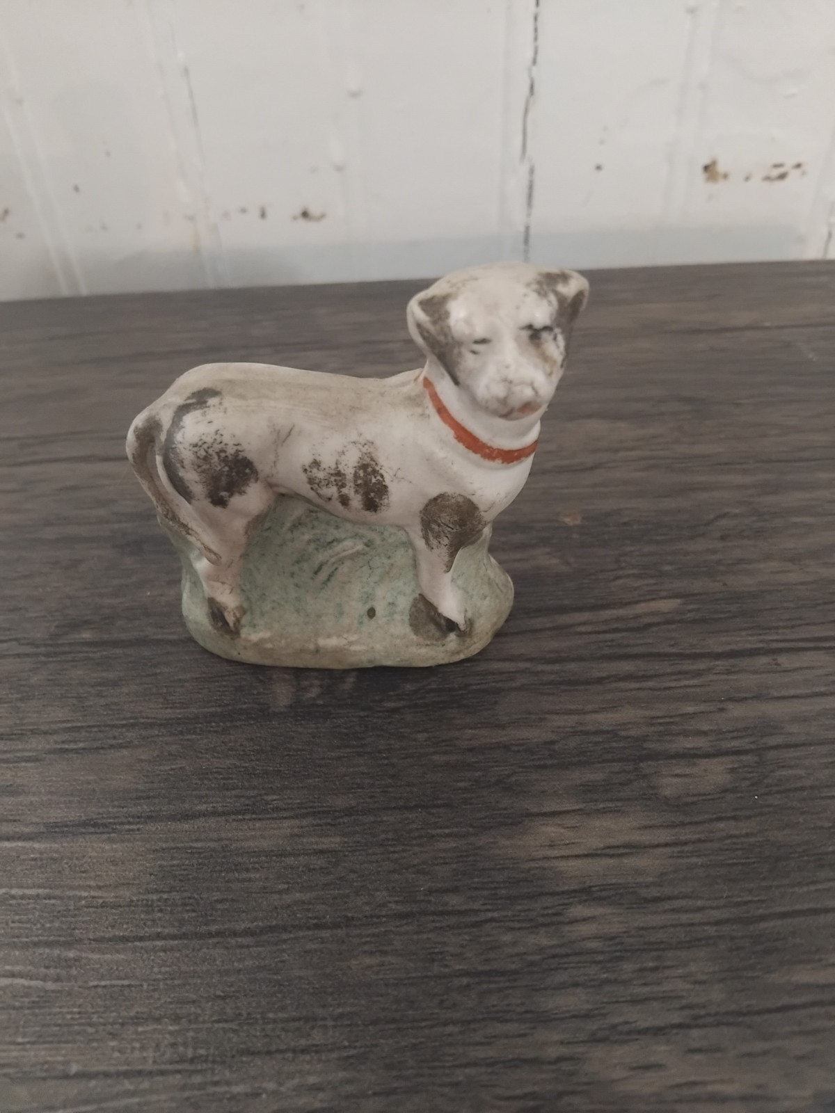 Antique Bisque Dog Figurine With Red Collar 2.25in