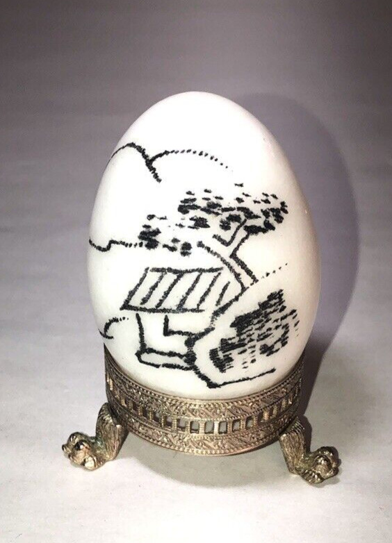 Vintage Hand Painted Stone Egg with Metal Stand