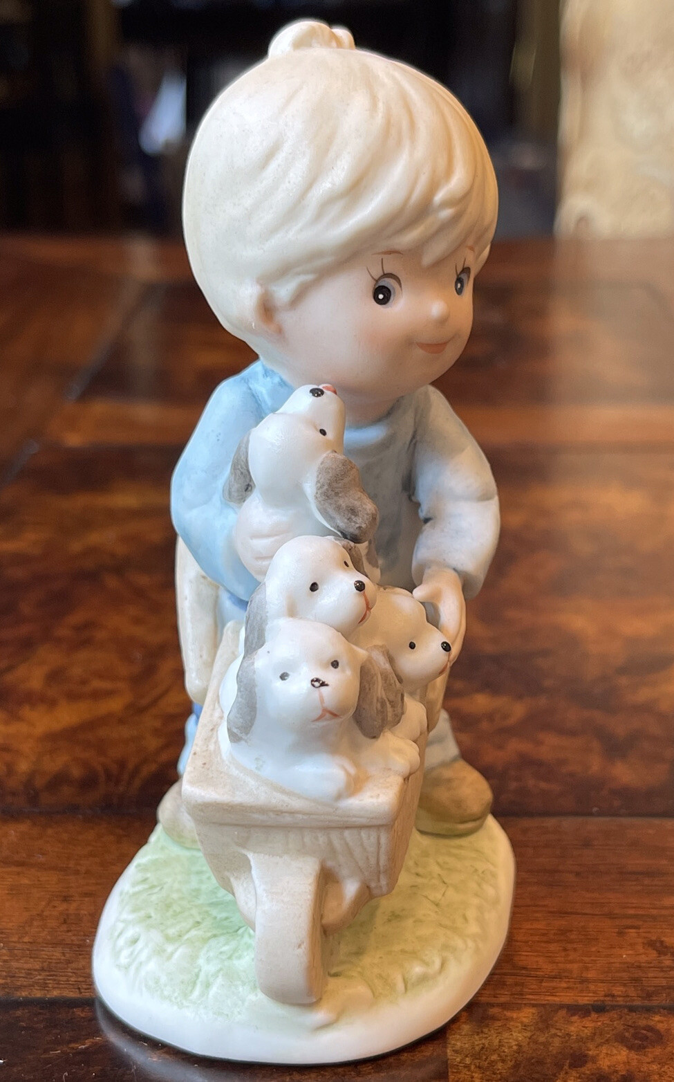 Vintage Homco #1402 Porcelain 4.75 Inch Blonde Boy Wheelbarrow Full Of Puppies