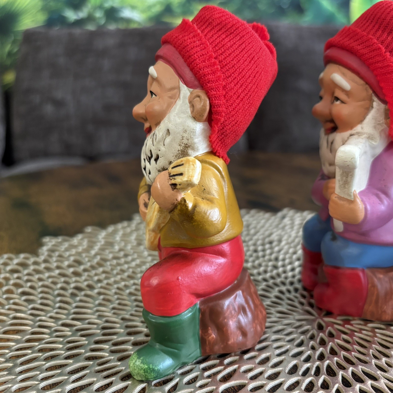 Vintage Figurines 3 Gnomes Playing Instruments Knitted Hats 5”