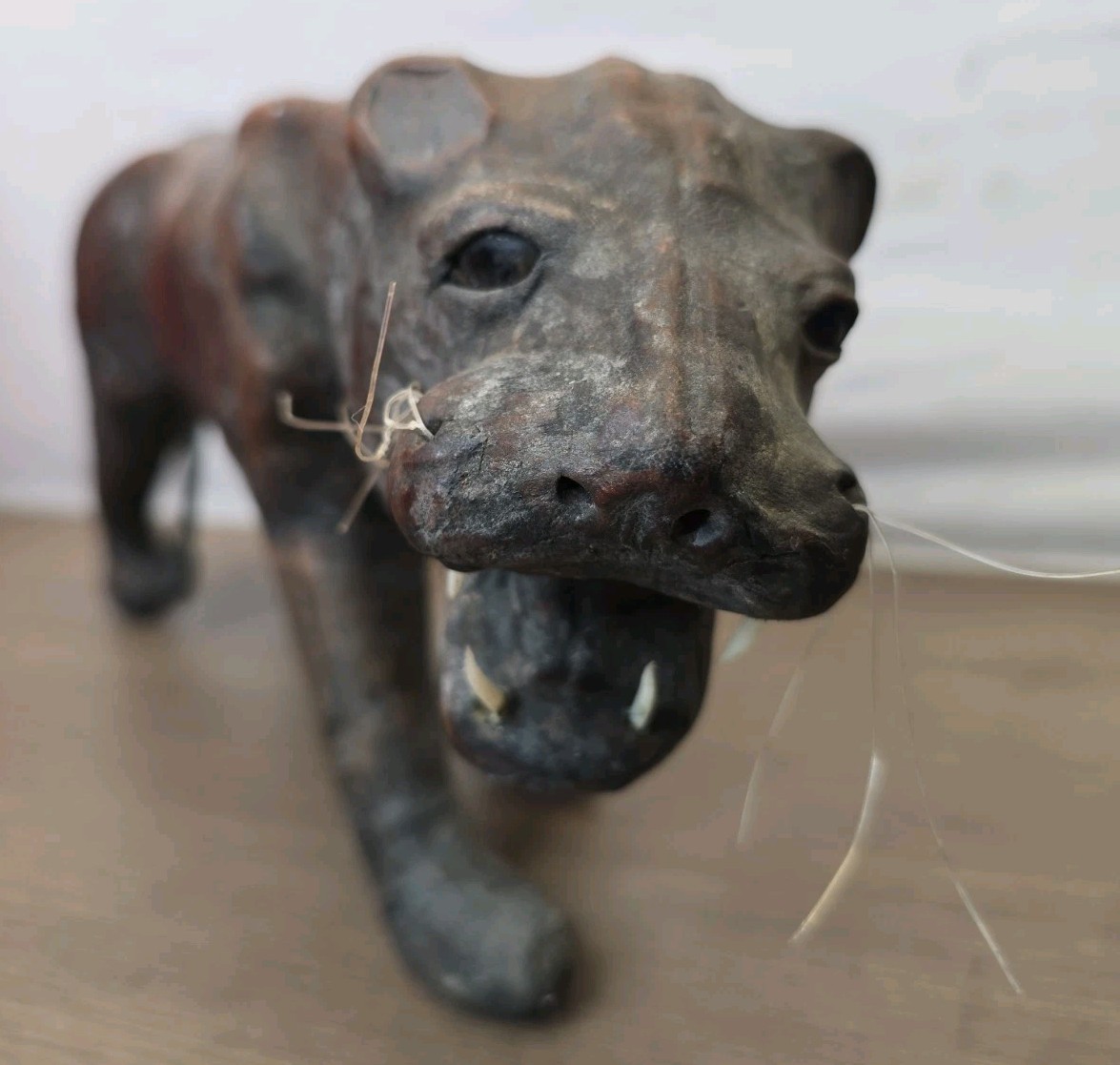Vintage Leather Wrapped Paper Mache Black Panther 14 Inches Long