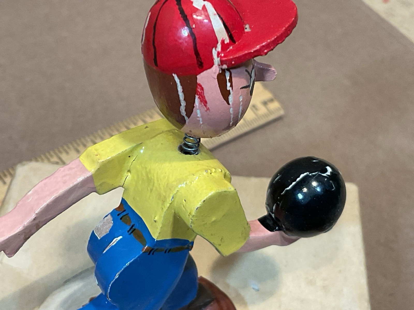 Vintage Hand Carved Wooden Sports Bobble Head Figure Bowling Ball And Pins Japan