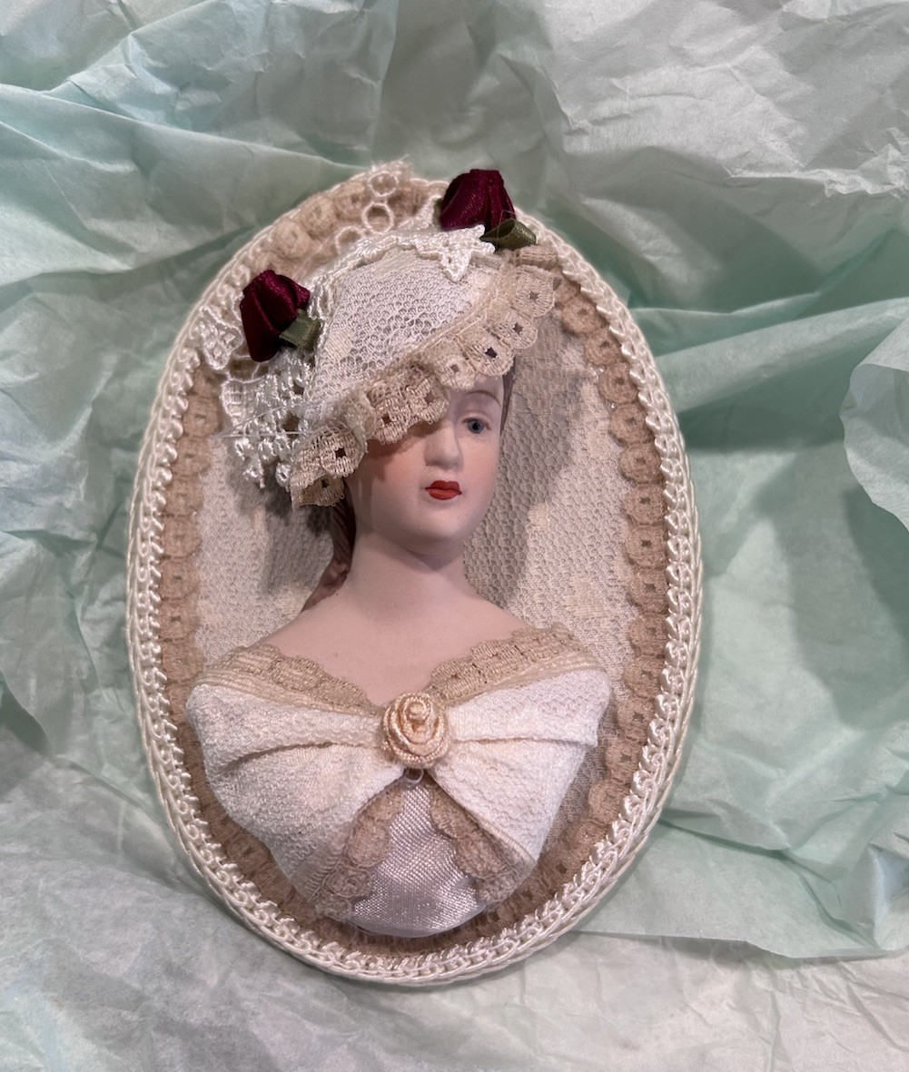 Victorian Lady Bust Head Figure Hanging Wall Decor with Lace Hat Bisque Ceramic