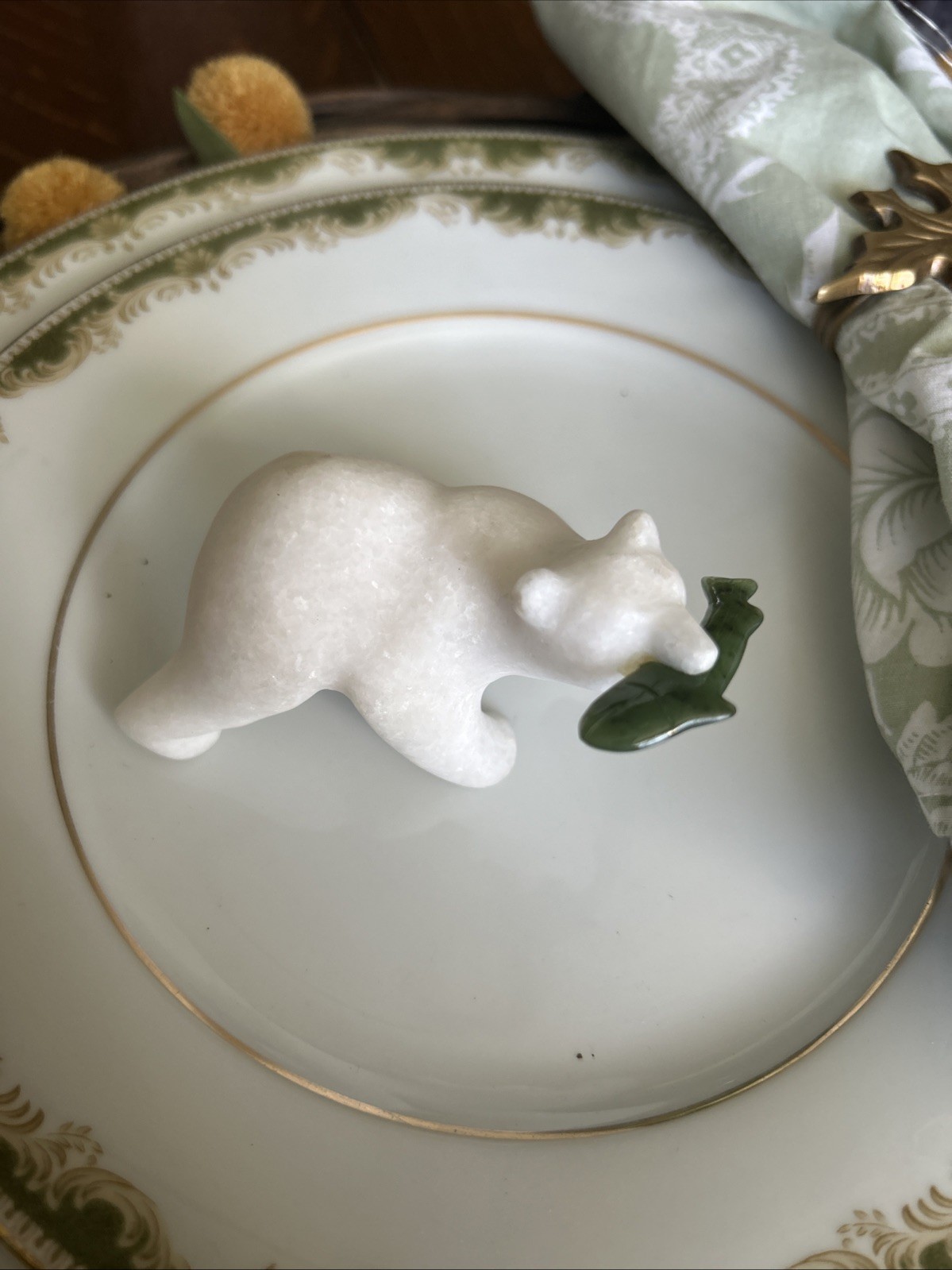 Hand Carved White Marble Polar Bear with Cassiar Green Jade Fish Figurine