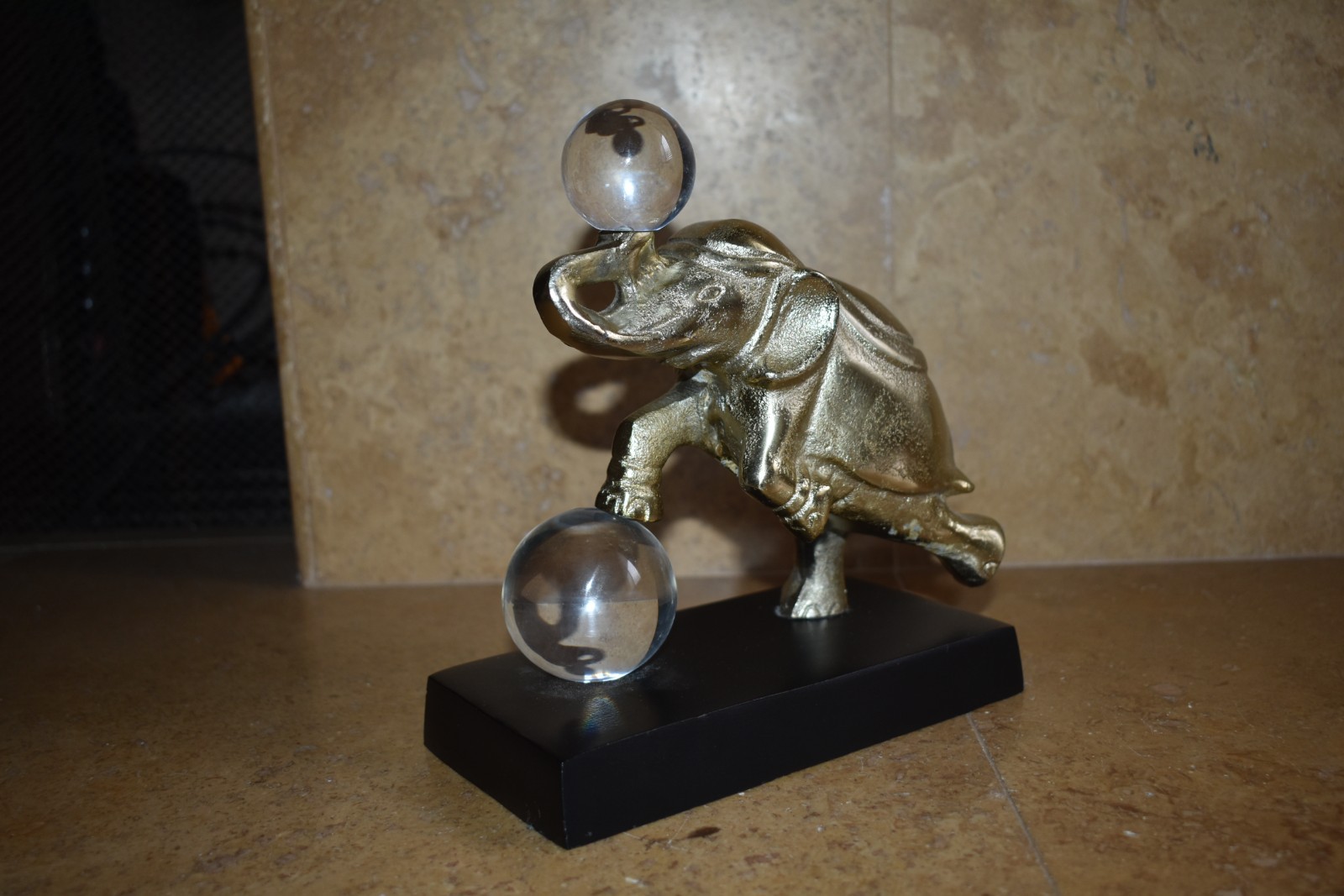 VTG trunk up Gold Plated Brass Elephant With Crystal acrylic Ball Figure Statue