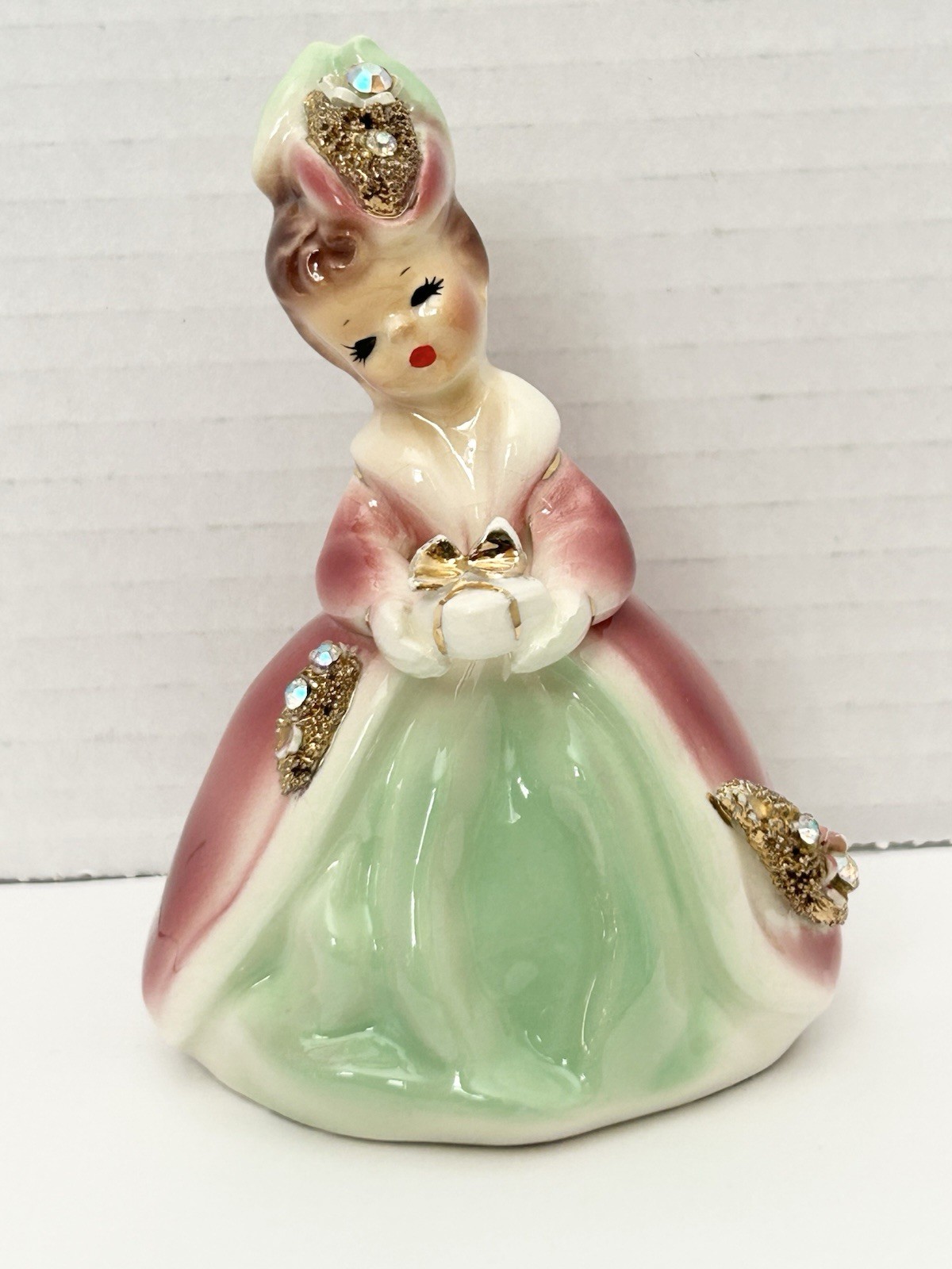 1950s Josef Originals California Little Gift Pink Girl Clear Gems Figurine
