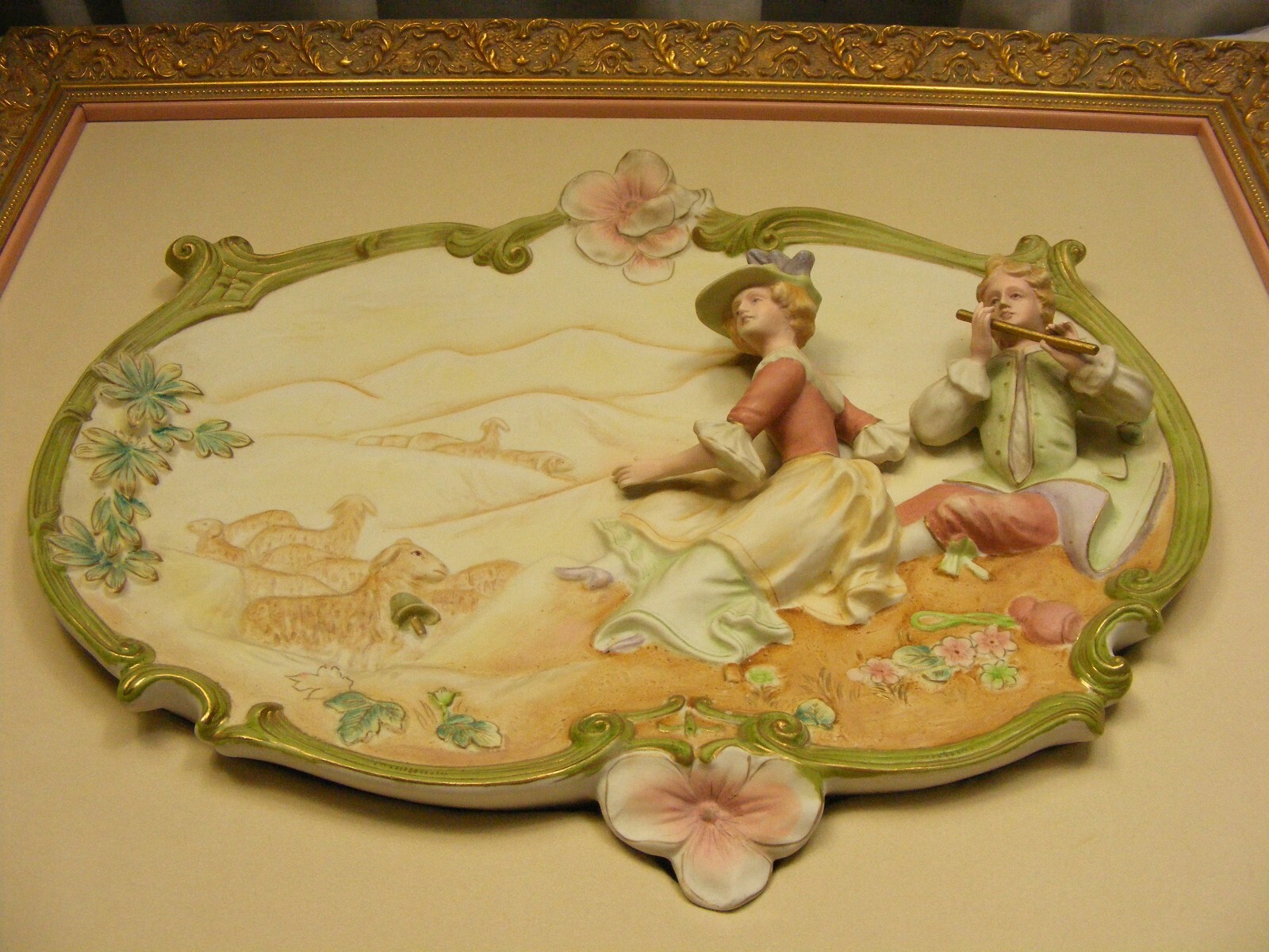 Vintage Porcelain Victorian Couple Wall Art Landscape Scene Playing Sheep Framed