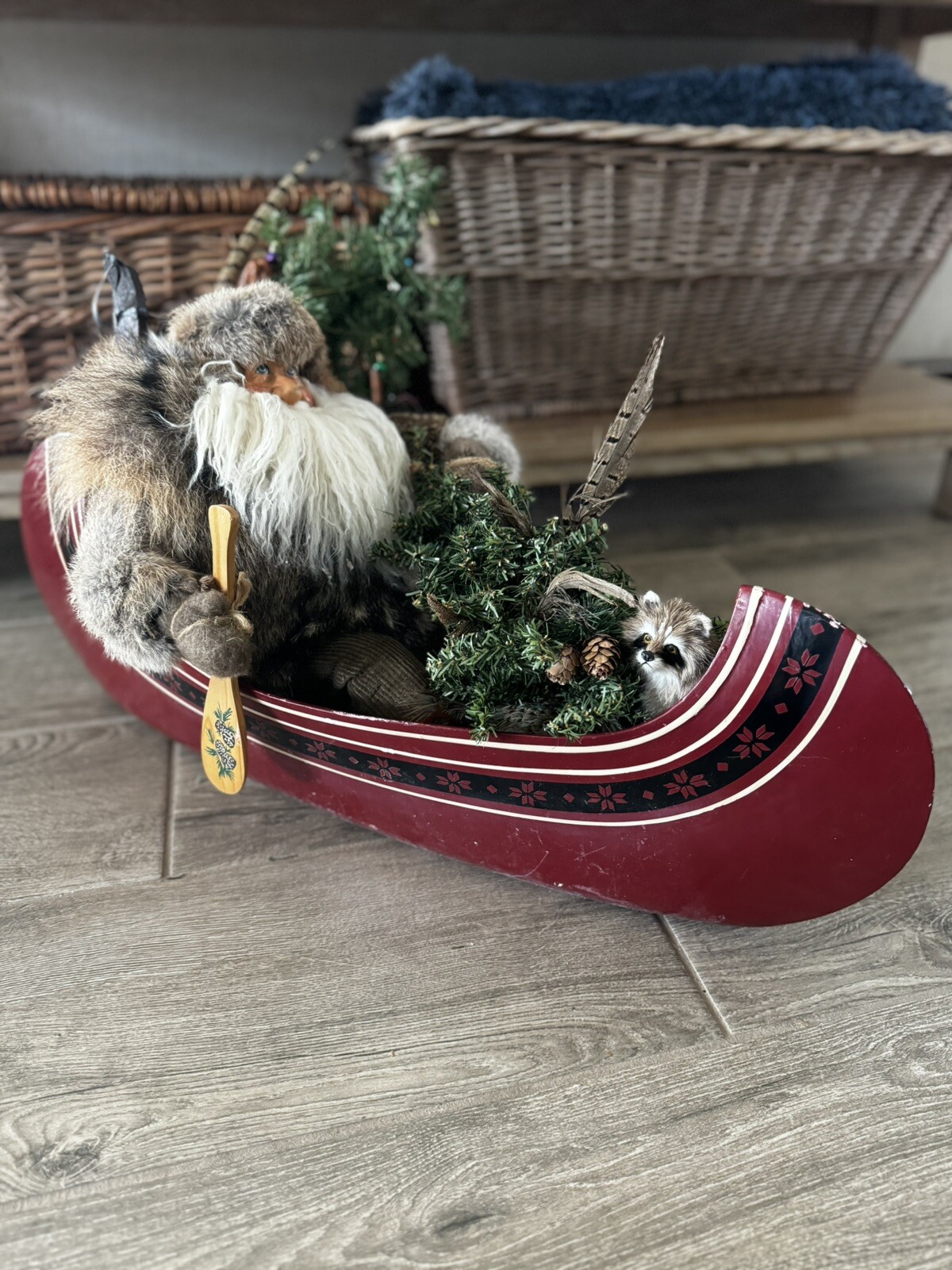 RUSTIC Trapper Santa Mountain Real Fur Rowing canoe Skis Raccoon Centerpiece XL