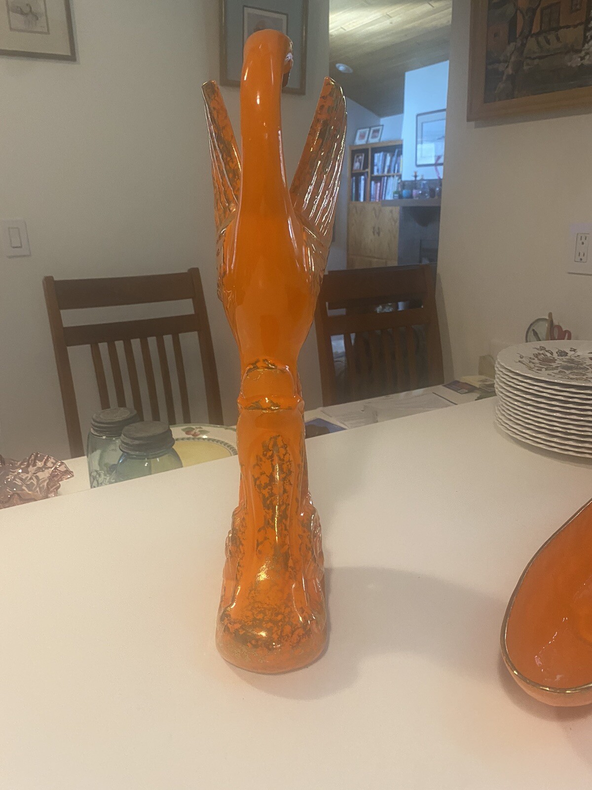 LARGE Vintage Mid Century Modern Orange Gold Ceramic Peacock Statue & Dish CALIF