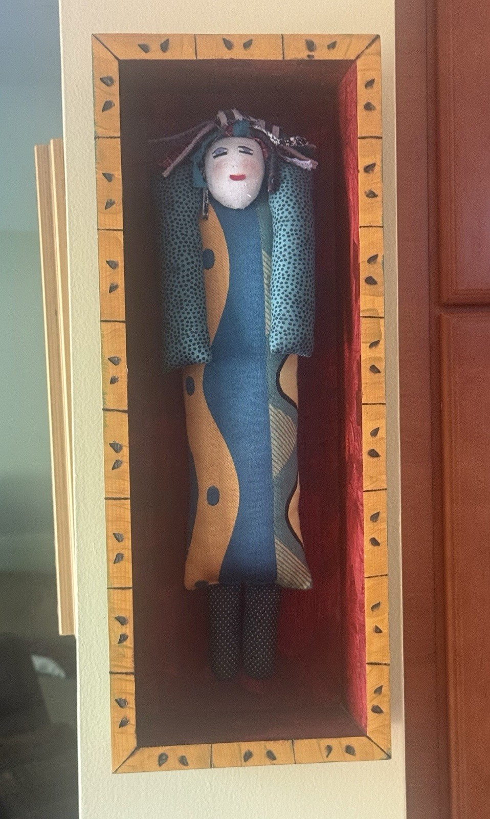 Signed Nancy Camden Cloth Sculpture Art 18” Doll in Colorful Wood Box 1996