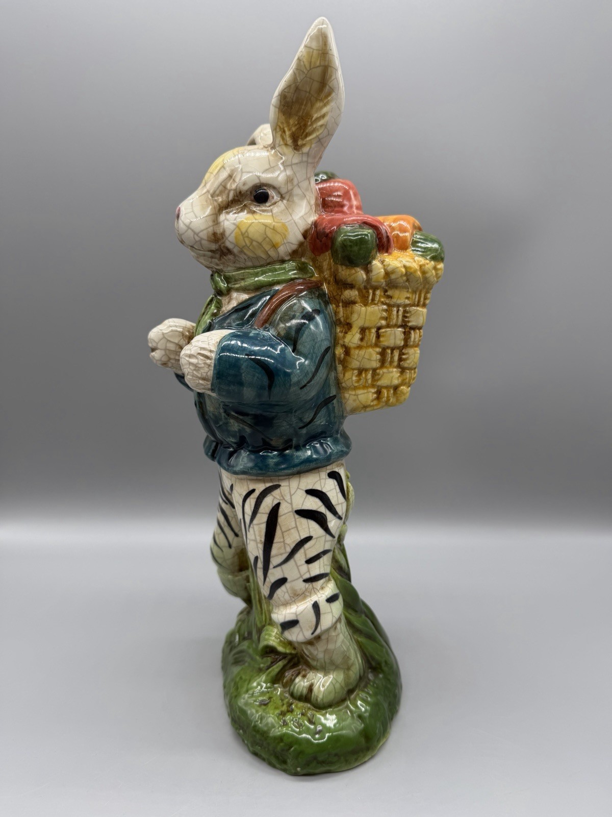 Vintage Ceramic Standing Crackle Rabbit Bunny Traveler w/ Basket Figurine Statue