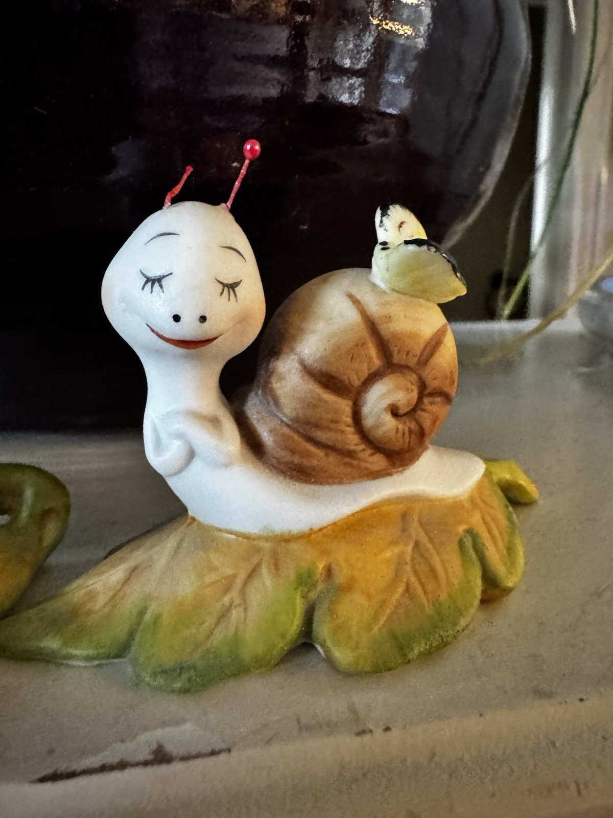 Homco Bisque Snail On Leaf Set 2 8902 with butterfly & Worm 2.75″ Small Figurine