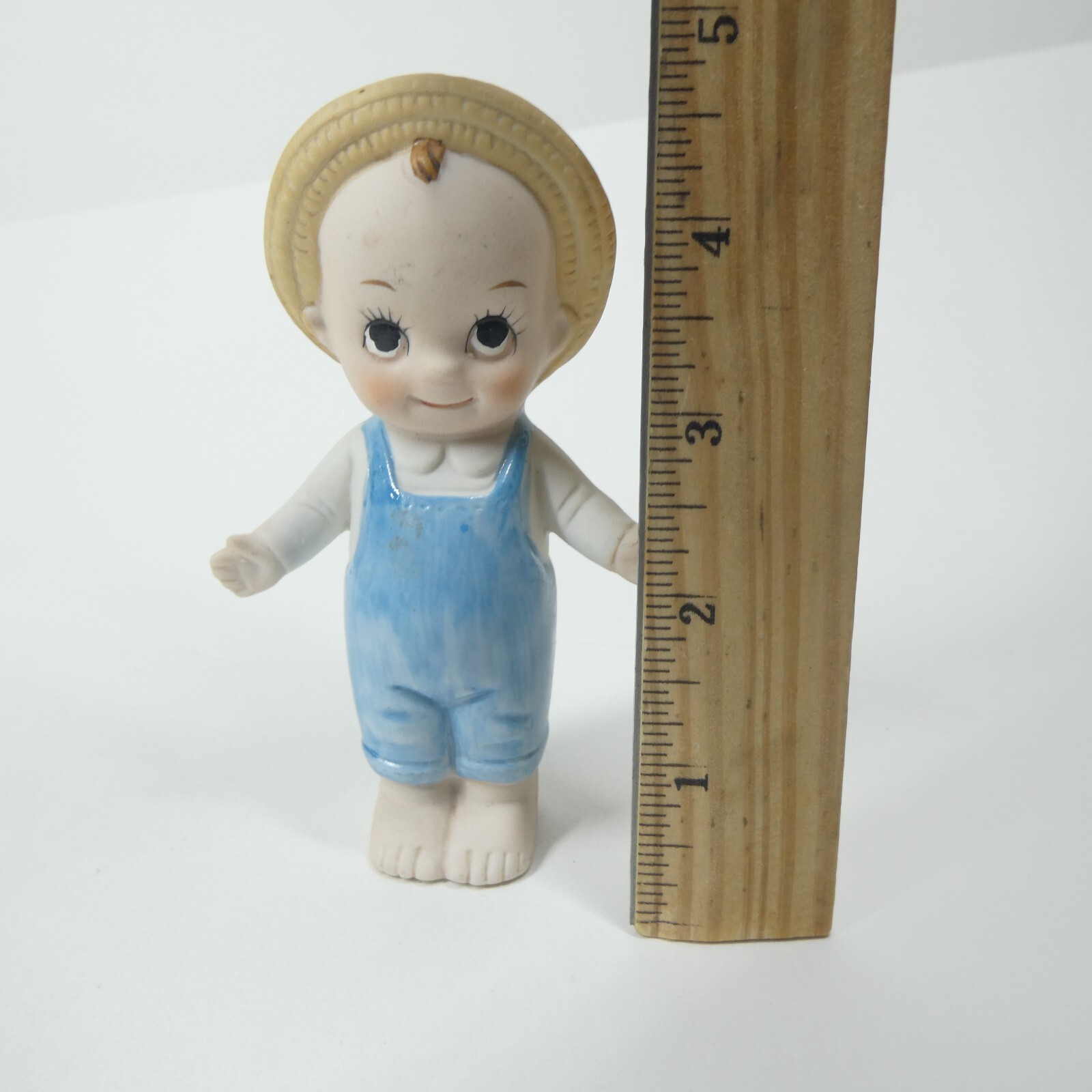 Bisque Kewpie Doll Porcelain Figurine Vintage Farmer Overalls Hat 4.5″ Tall