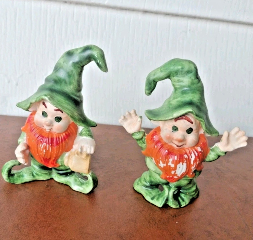 Vtg Lefton Green Leprechaun Gnome Ceramic Figurines Pair Set St. Patrick’s READ