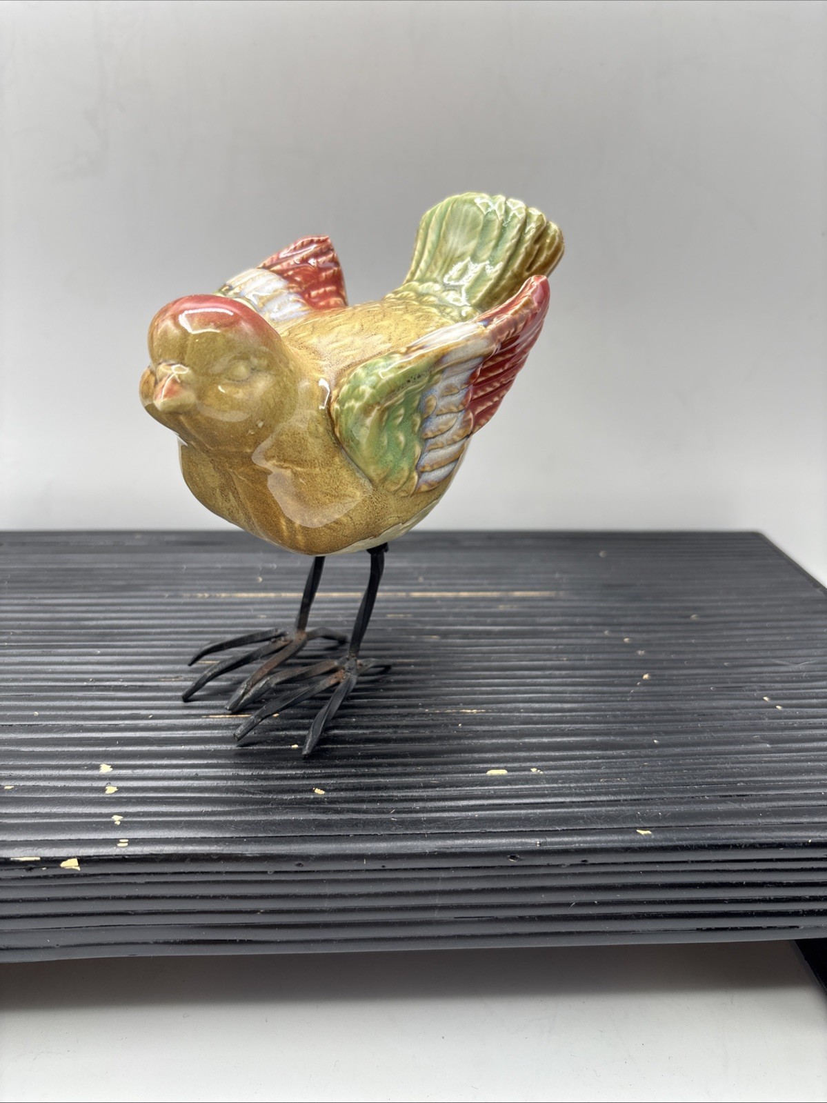 Vintage Ceramic Bird Figurine Glossy Finish Metal Legs