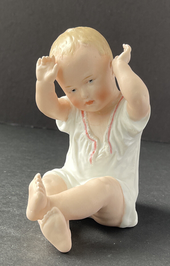 Gebruder Heubach-German Porcelain Piano Baby Sitting Antique 4.75″ *BROKEN/FIXED