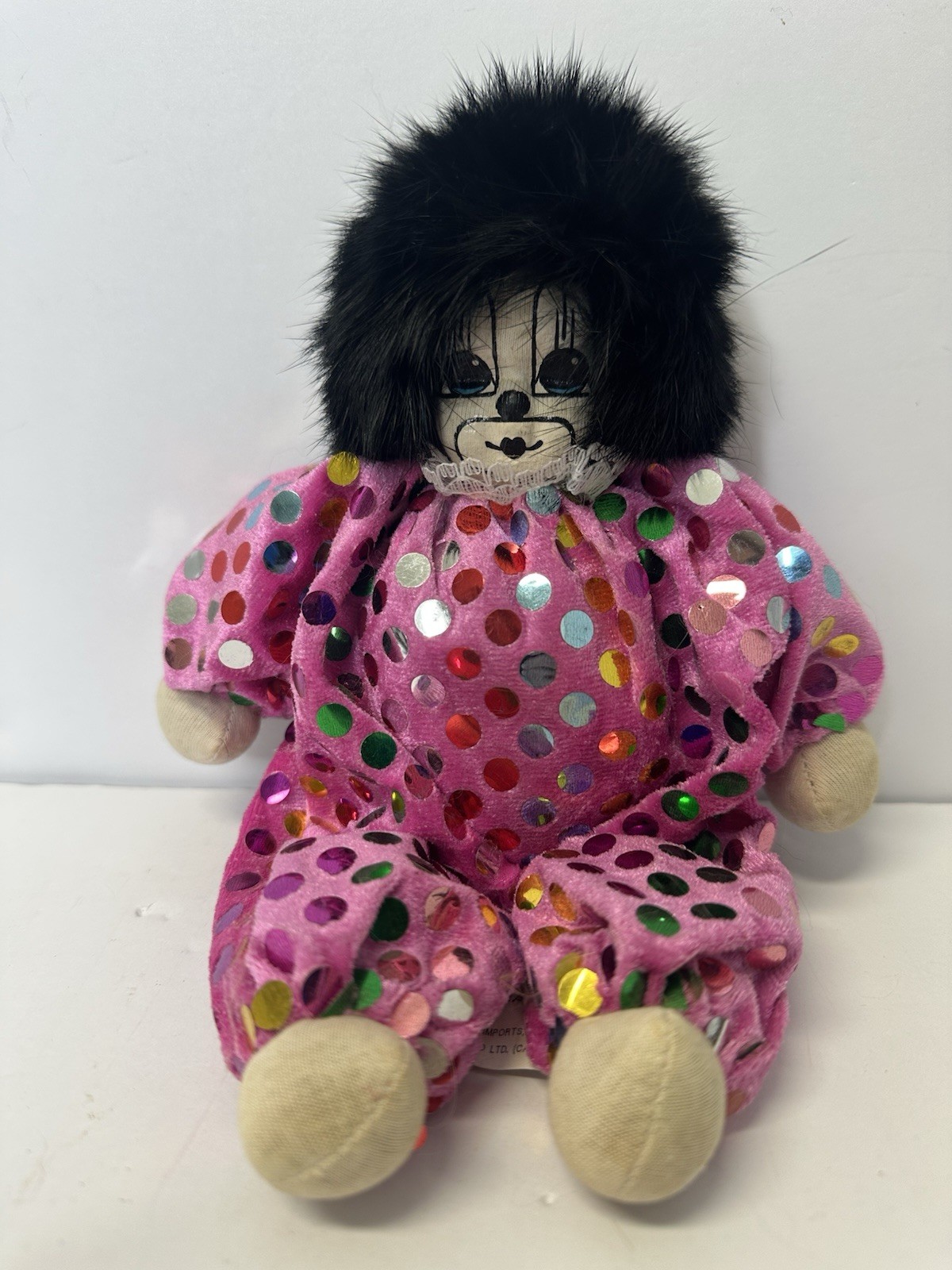 Q-Tee Vintage Clown Shelf Sitter Hand Painted Hand Made Black Hair Polka Dots