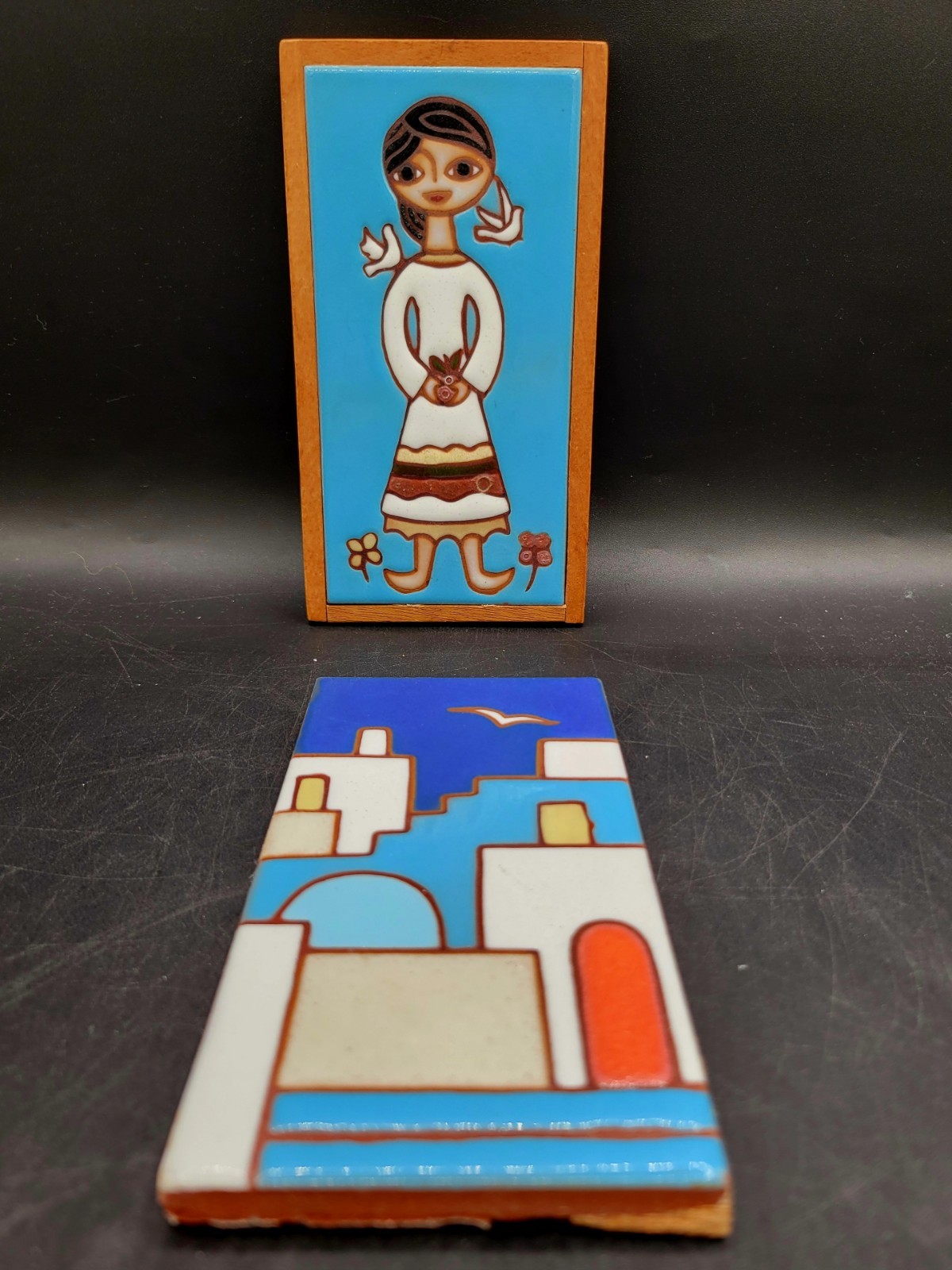 MCM Michaelides Girl With Two Doves Tile Walk Plaque With Hanger From Greece.