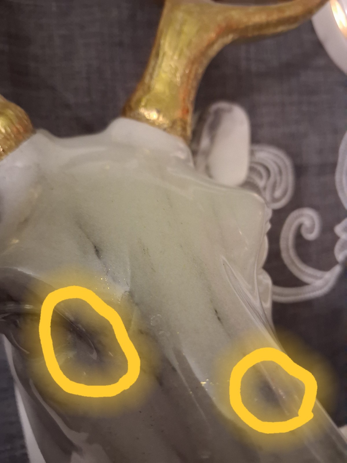 White Marbled Deer Head Hangs On Wall With Gold Antlers About 18″ Tall