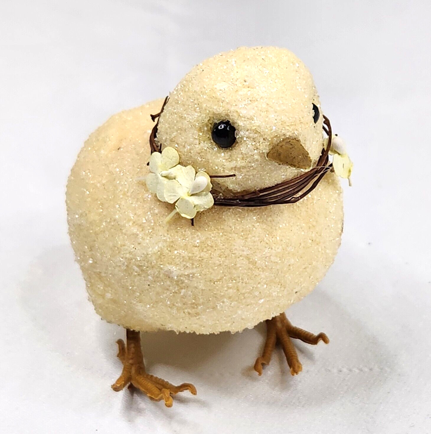 Sugared Yellow Chick Figurine with Flower Necklace 2.75″ Tall Lightweight