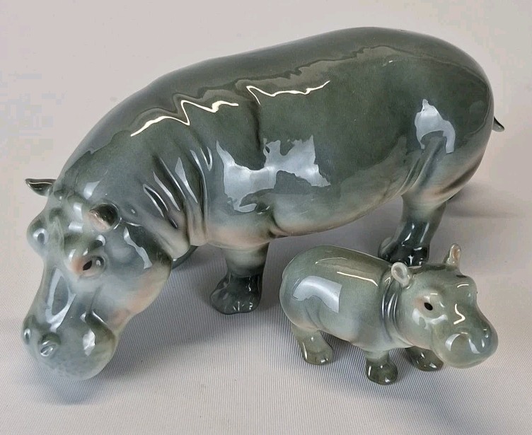 Vintage Goebel Hippopotamus Mom Young Baby Hippo Set W. Germany Figurines