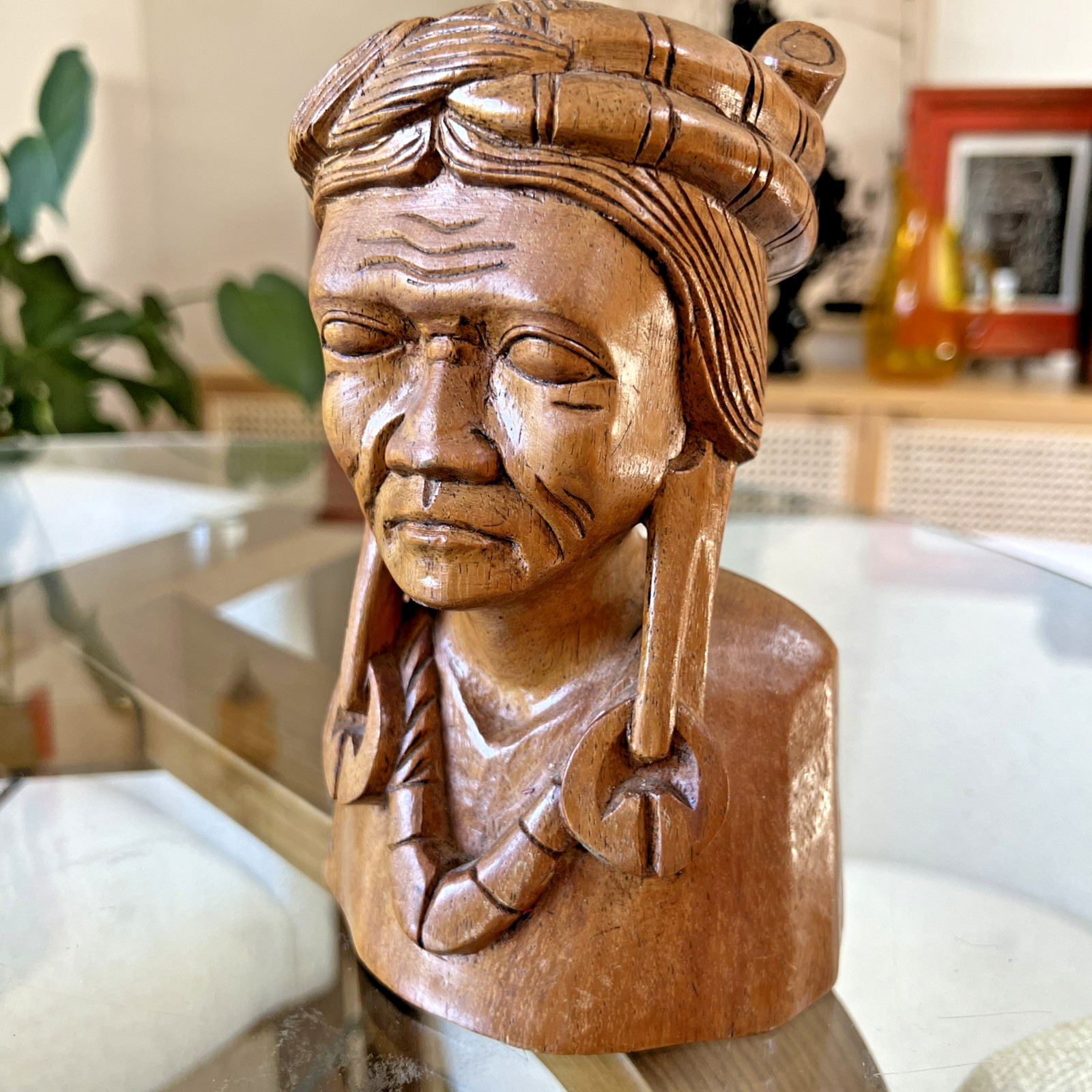 Vintage Hand-Carved Philippine Wood Bust Igorot Indigenous Figure
