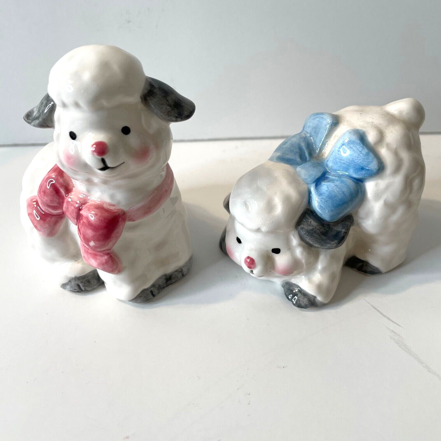 Vintage Originals by Erika Japan Pair White Gray Lambs Sheep Pink Blue Neck Bow