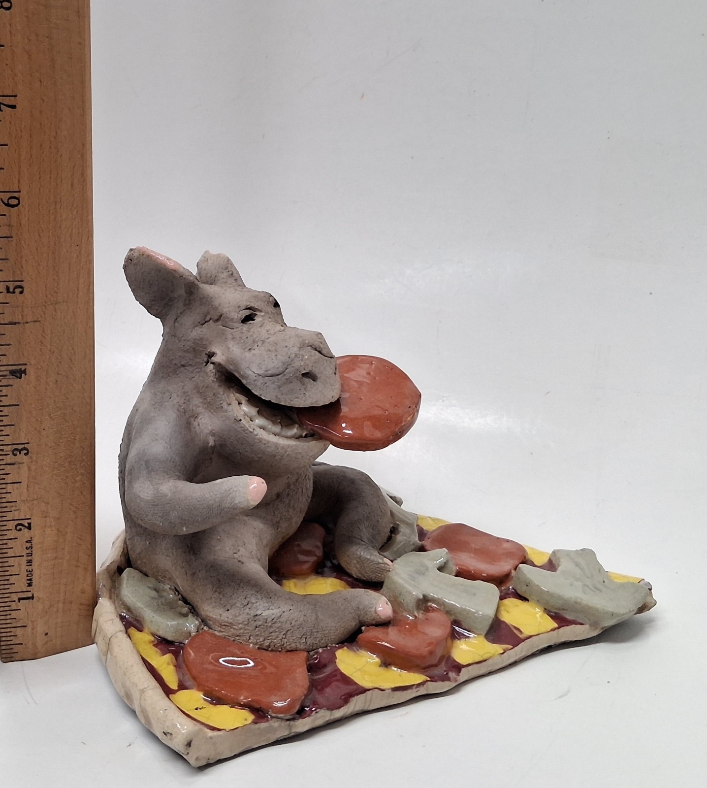 Mary Garber 1985 POG Raku Pottery Pizza For One Hippo Sculpture Pepperoni Signed