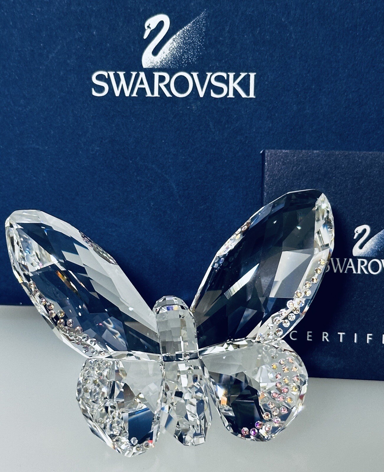 NIB Swarovski Large Brilliant Butterfly Bejeweled W Pink Crystals Clear Figurine